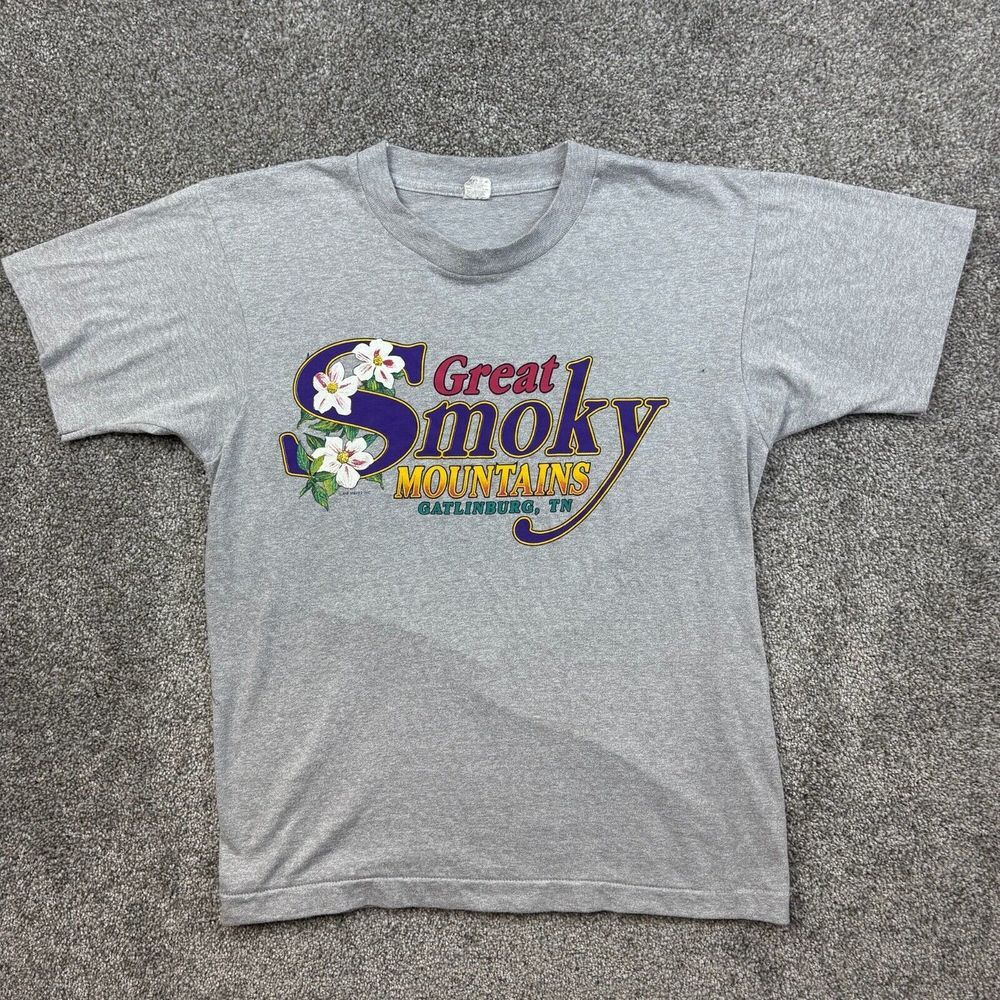 Vintage 80s Great Smoky Mountains Shirt Mens Large Gray Outdoors Hiking Flowers